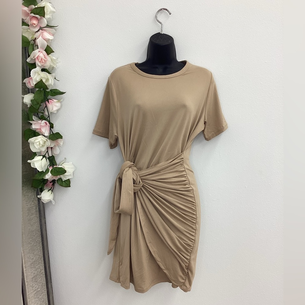 Markie taupe tan tied waist midi short sleeve T-shirt dress